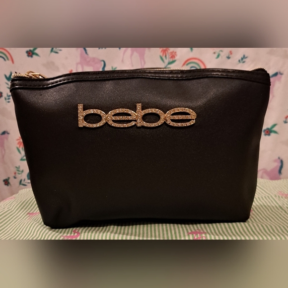 Vintage Y2K Bebe Black Vegan Leather Clutch Travel Makeup Beauty Cosmetic Bag - Picture 1 of 9